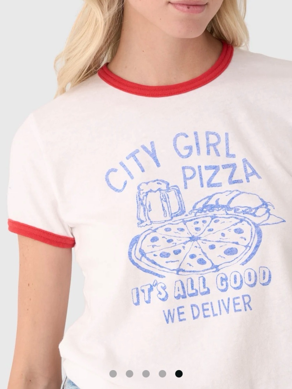 MOTHER White 'City Girl Pizza' The Lil’ Goodie Graphic Ringer Tee with Red Trim - Picture 2 of 7